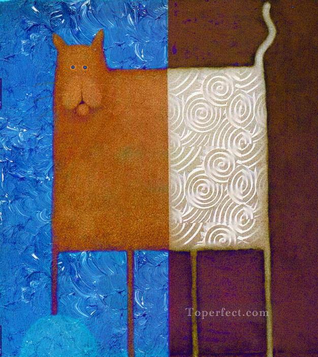 Cat on blue thick paints original abstract Oil Paintings